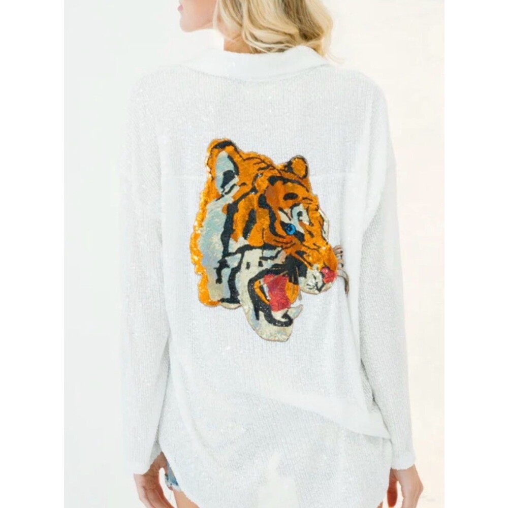 Judith March White Sequin Tiger Button Down Top Oversize Luxury Maximalist Glam